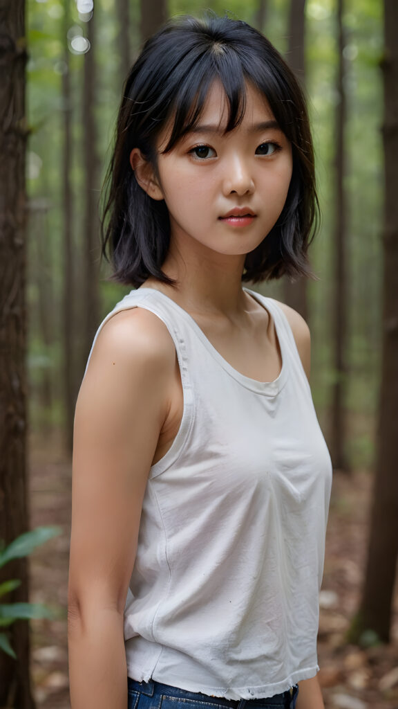 A (((vividly captured moment))) where a (((Korean cute young girl))), with straight jet-black hair bangs stands confidently, upper body portrait, exuding natural beauty. Her skin is flawless, with a slight translucency that adds to her overall appearance. She's dressed in a ((white sleeveless tattered and ripped t-shirt)) that perfectly complements her youthful appearance. The shirt, which is cut short, accentuates her toned figure, highlighting her full body in a softly detailed pose. Her eyes are perfectly detailed and add to her overall allure. The scene is set against a backdrop of a (natural, nighttime forest) that completes this truly unforgettable moment.