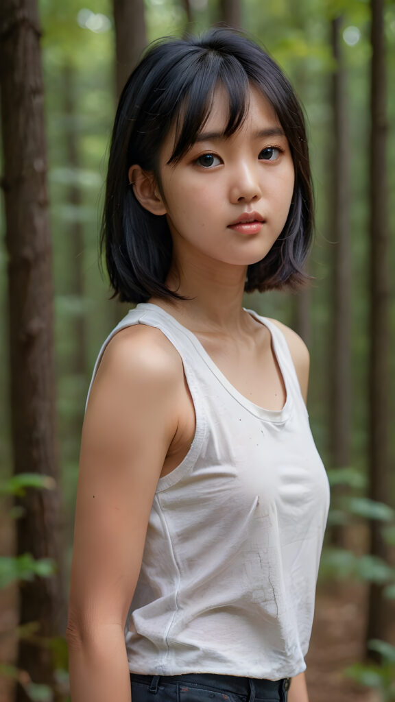 A (((vividly captured moment))) where a (((Korean cute young girl))), with straight jet-black hair bangs stands confidently, upper body portrait, exuding natural beauty. Her skin is flawless, with a slight translucency that adds to her overall appearance. She's dressed in a ((white sleeveless tattered and ripped t-shirt)) that perfectly complements her youthful appearance. The shirt, which is cut short, accentuates her toned figure, highlighting her full body in a softly detailed pose. Her eyes are perfectly detailed and add to her overall allure. The scene is set against a backdrop of a (natural, nighttime forest) that completes this truly unforgettable moment.