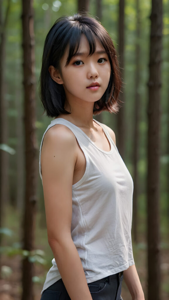 A (((vividly captured moment))) where a (((Korean cute young girl))), with straight jet-black hair bangs stands confidently, upper body portrait, exuding natural beauty. Her skin is flawless, with a slight translucency that adds to her overall appearance. She's dressed in a ((white sleeveless tattered and ripped t-shirt)) that perfectly complements her youthful appearance. The shirt, which is cut short, accentuates her toned figure, highlighting her full body in a softly detailed pose. Her eyes are perfectly detailed and add to her overall allure. The scene is set against a backdrop of a (natural, nighttime forest) that completes this truly unforgettable moment.