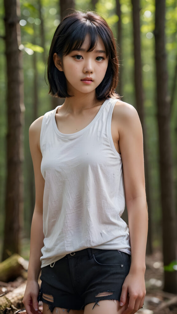 A (((vividly captured moment))) where a (((Korean cute young girl))), with straight jet-black hair bangs stands confidently, upper body portrait, exuding natural beauty. Her skin is flawless, with a slight translucency that adds to her overall appearance. She's dressed in a ((white sleeveless tattered and ripped t-shirt)) that perfectly complements her youthful appearance. The shirt, which is cut short, accentuates her toned figure, highlighting her full body in a softly detailed pose. Her eyes are perfectly detailed and add to her overall allure. The scene is set against a backdrop of a (natural, nighttime forest) that completes this truly unforgettable moment.