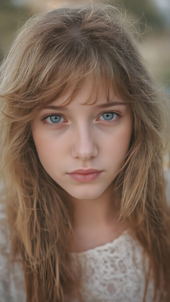 A (((vividly detailed upper body portrait))), capturing a (((beautifully innocent looking teen girl))) with a ((softly rounded face)), (extremely long, tousled, auburn hair which flows down to her hips), and (deep-set, very blue eyes framed by (full, defined lips) that give her a soft, (almost seductive expression). Her lips are painted in (soft, natural tones) that match her (natural skin tone) perfectly. She has (extremely long, soft, white-embroidered bangs) that move gently in the wind. She wears (extremely soft, ((white-embroidered)) dress) that matches her (skin tone) perfectly. The dress is (long, flowing and semi-transparant) and the ((copper hair)) is visible through the dress. The image is taken outdoors, with a ((softly blowing wind)) that (blows her hair outwards) and a (brightly glowing sky) that gives the scene an ethereal quality.