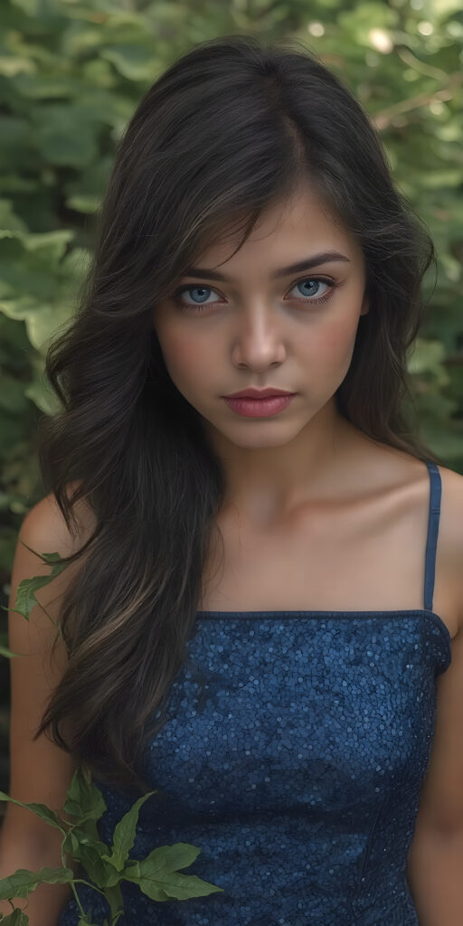 A (((vividly detailed alcohol ink art))) representing a (full body view) of a beautiful girl with ((long wavy thick ash black hair)), natural looking ((big wide open blue eyes)), and a ((royal blue sparkling square neck top)) adorned with ((small shimmering white sequins)) that blend seamlessly into her overall ensemble. The scene is set against a backdrop of a (natural wilderness area) with ((lush green plant life)) and a (softly diffused daylight casting a soft glow) that highlights her graceful figure and gives off a sense of tranquility and dreamlike allure.