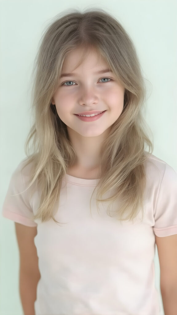 A young adult female tomboy with a rounded, youthful face and (slightly wavy, light green soft long hair) that softly curls into a smile, wearing a t-shirt. This shirt combines soft, pastel colors, like the first rays of the sun, creating a dreamy, serene visual effect. The shirt's fabric is soft and tight, giving the impression of a comfortable, casual look. The silhouette of the girl's body is clear, showing her full figure, and she stands upright, creating a natural, slightly raised pose that complements the gentle smile perfectly. The background is a simple light green color, emphasizing the girl in her mid-shot and full body, giving her a soft, dreamy glow that highlights her youthful features and natural beauty.