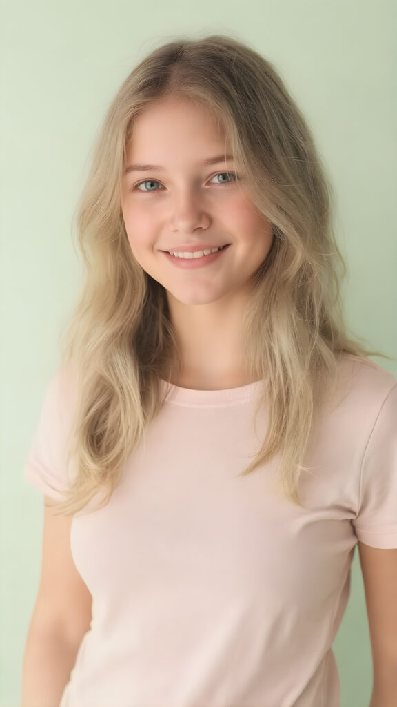 A young adult female tomboy with a rounded, youthful face and (slightly wavy, light green soft long hair) that softly curls into a smile, wearing a t-shirt. This shirt combines soft, pastel colors, like the first rays of the sun, creating a dreamy, serene visual effect. The shirt's fabric is soft and tight, giving the impression of a comfortable, casual look. The silhouette of the girl's body is clear, showing her full figure, and she stands upright, creating a natural, slightly raised pose that complements the gentle smile perfectly. The background is a simple light green color, emphasizing the girl in her mid-shot and full body, giving her a soft, dreamy glow that highlights her youthful features and natural beauty.