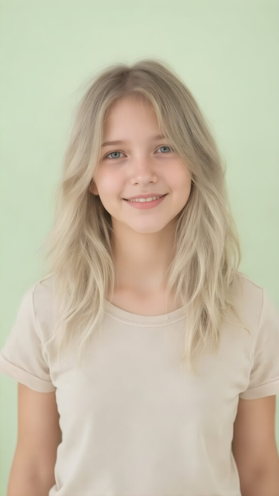 A young adult female tomboy with a rounded, youthful face and (slightly wavy, light green soft long hair) that softly curls into a smile, wearing a t-shirt. This shirt combines soft, pastel colors, like the first rays of the sun, creating a dreamy, serene visual effect. The shirt's fabric is soft and tight, giving the impression of a comfortable, casual look. The silhouette of the girl's body is clear, showing her full figure, and she stands upright, creating a natural, slightly raised pose that complements the gentle smile perfectly. The background is a simple light green color, emphasizing the girl in her mid-shot and full body, giving her a soft, dreamy glow that highlights her youthful features and natural beauty.