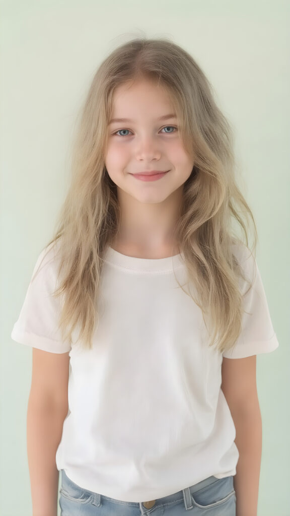 A young adult female tomboy with a rounded, youthful face and (slightly wavy, light green soft long hair) that softly curls into a smile, wearing a t-shirt. This shirt combines soft, pastel colors, like the first rays of the sun, creating a dreamy, serene visual effect. The shirt's fabric is soft and tight, giving the impression of a comfortable, casual look. The silhouette of the girl's body is clear, showing her full figure, and she stands upright, creating a natural, slightly raised pose that complements the gentle smile perfectly. The background is a simple light green color, emphasizing the girl in her mid-shot and full body, giving her a soft, dreamy glow that highlights her youthful features and natural beauty.