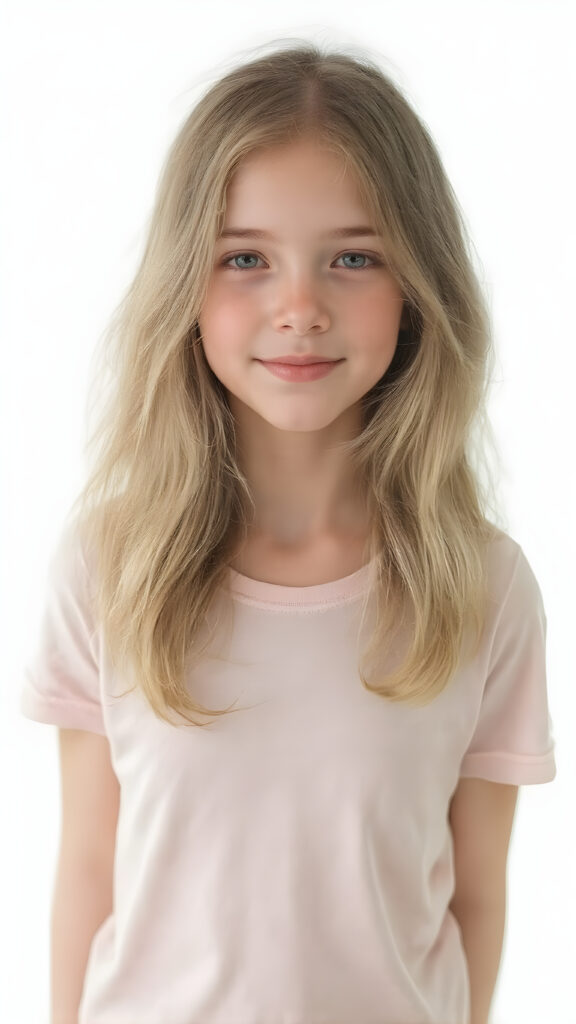 A young adult female tomboy with a rounded, youthful face and (slightly wavy, light green soft long hair) that softly curls into a smile, wearing a t-shirt. This shirt combines soft, pastel colors, like the first rays of the sun, creating a dreamy, serene visual effect. The shirt's fabric is soft and tight, giving the impression of a comfortable, casual look. The silhouette of the girl's body is clear, showing her full figure, and she stands upright, creating a natural, slightly raised pose that complements the gentle smile perfectly. The background is a simple light green color, emphasizing the girl in her mid-shot and full body, giving her a soft, dreamy glow that highlights her youthful features and natural beauty.