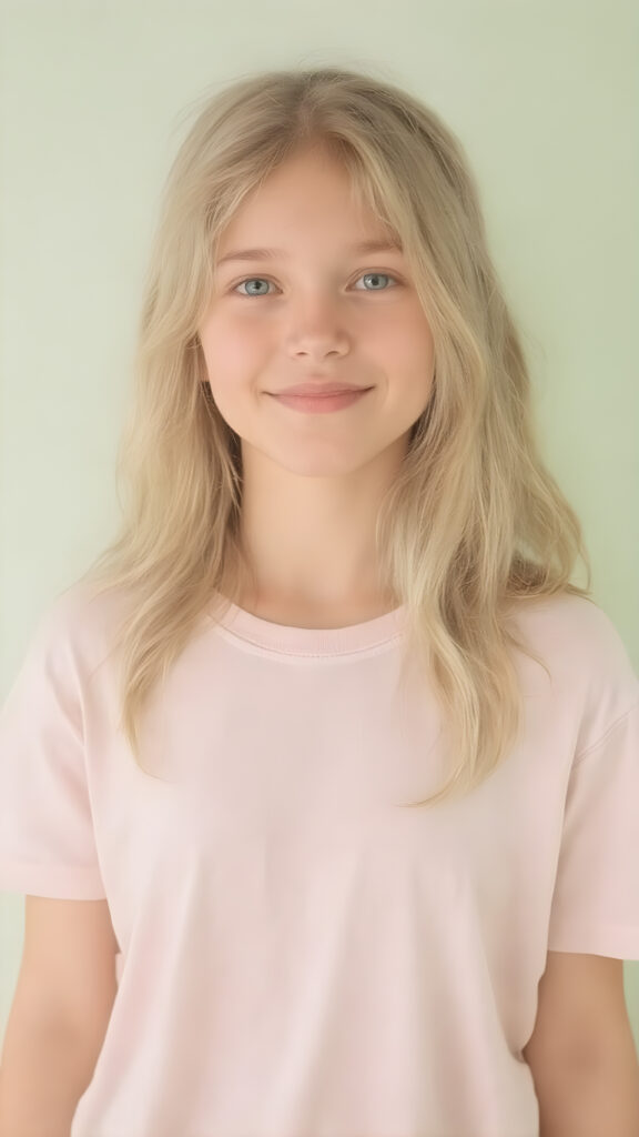 A young adult female tomboy with a rounded, youthful face and (slightly wavy, light green soft long hair) that softly curls into a smile, wearing a t-shirt. This shirt combines soft, pastel colors, like the first rays of the sun, creating a dreamy, serene visual effect. The shirt's fabric is soft and tight, giving the impression of a comfortable, casual look. The silhouette of the girl's body is clear, showing her full figure, and she stands upright, creating a natural, slightly raised pose that complements the gentle smile perfectly. The background is a simple light green color, emphasizing the girl in her mid-shot and full body, giving her a soft, dreamy glow that highlights her youthful features and natural beauty.