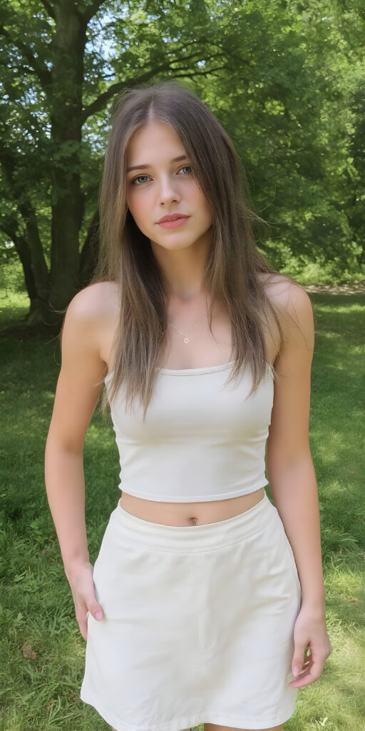 full body shot, a young adult teen girl in a green, sunny park, wearing a light, thin short summer dress (paired in a separate short, cropped tank top and short round skirt). She has a perfect curved fit body. Her long, brown straight soft full hair falls down her back, stand in front of the viewer and looks seductive, perfect belly button