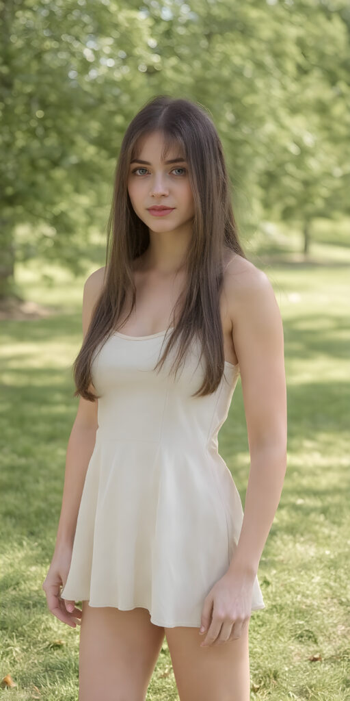 A young adult teen girl in a green, sunny park, wearing a light, thin short summer dress (tank top an round skirt). She has a perfect curved fit body. Her long, brown straight soft full hair falls down her back, stand in front of the viewer and looks seductive