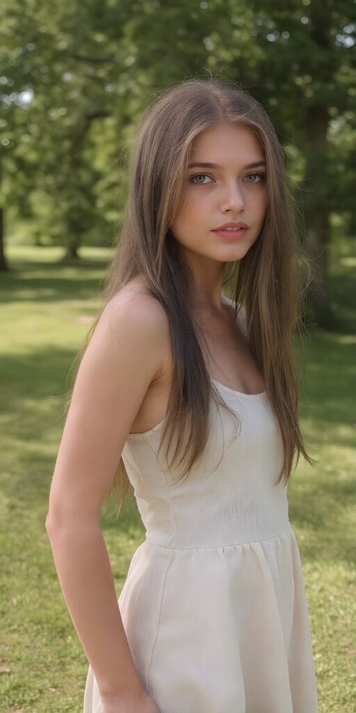 A young adult teen girl in a green, sunny park, wearing a light, thin short summer dress (tank top an round skirt). She has a perfect curved fit body. Her long, brown straight soft full hair falls down her back, stand in front of the viewer and looks seductive