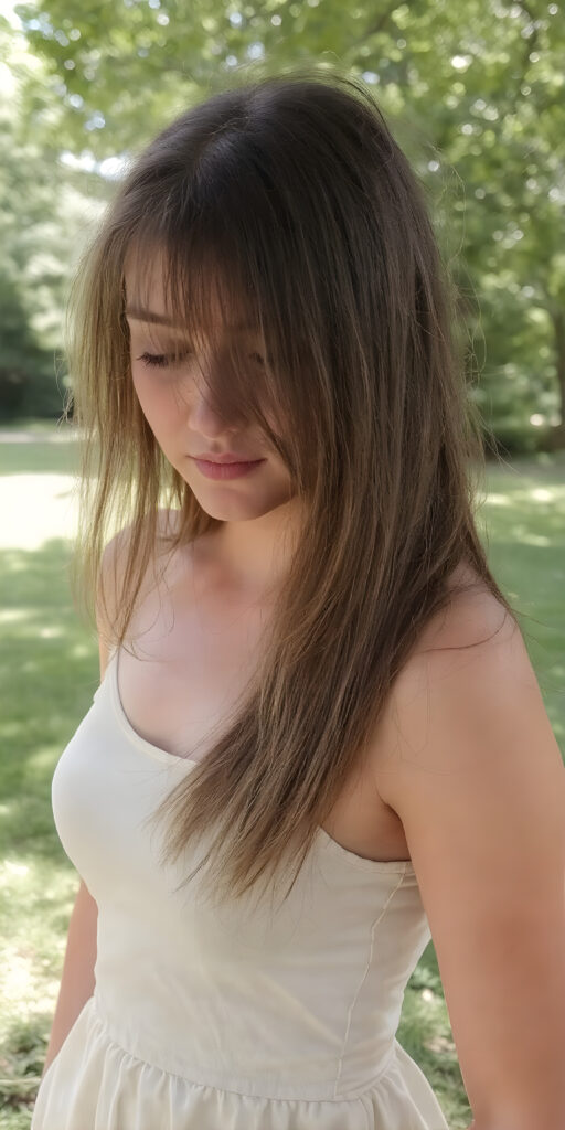 A young adult teen girl in a green, sunny park, wearing a light, thin short summer dress (tank top an round skirt). She has a perfect curved fit body. Her long, brown straight soft full hair falls down her back, stand in front of the viewer and looks seductive