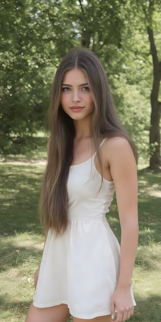 A young adult teen girl in a green, sunny park, wearing a light, thin short summer dress (tank top an round skirt). She has a perfect curved fit body. Her long, brown straight soft full hair falls down her back, stand in front of the viewer and looks seductive