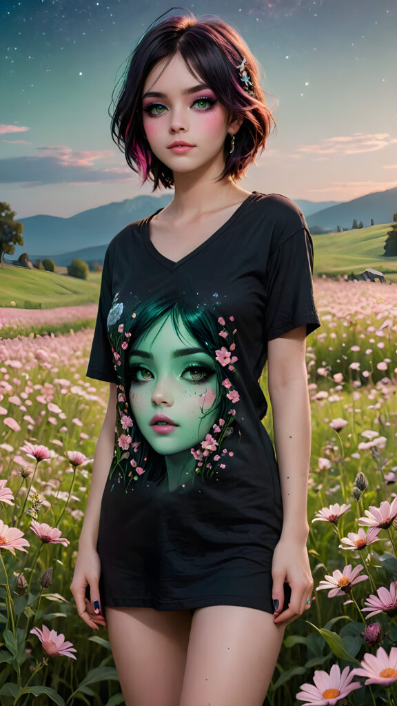 a (((young emo girl))), with long, flowing (((t-shirt))), standing in a (((field of flowers))), featuring a (((beautifully drawn face))) with (((pink makeup))), (((standing tall and emitting an ethereal glow))), capturing an air of mystery and splendor under the (((night sky))). Her figure is further accentuated by a (((deep v-neck))) that adds intricate details and a (((stand neck))), emphasizing her (((natural beauty))) in a (((green meadow))), 8K, Full HD, 3D, ultra detailed, majestic, epic, total quality