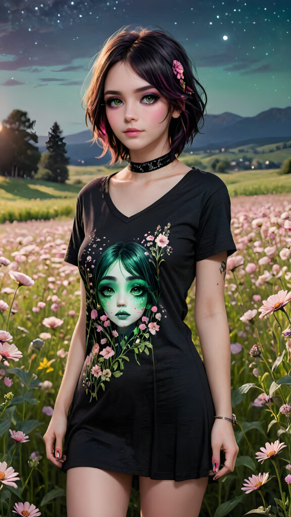 a (((young emo girl))), with long, flowing (((t-shirt))), standing in a (((field of flowers))), featuring a (((beautifully drawn face))) with (((pink makeup))), (((standing tall and emitting an ethereal glow))), capturing an air of mystery and splendor under the (((night sky))). Her figure is further accentuated by a (((deep v-neck))) that adds intricate details and a (((stand neck))), emphasizing her (((natural beauty))) in a (((green meadow))), 8K, Full HD, 3D, ultra detailed, majestic, epic, total quality