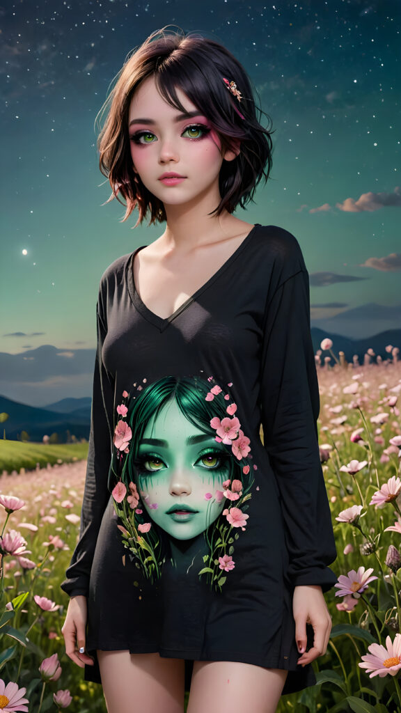 a (((young emo girl))), with long, flowing (((t-shirt))), standing in a (((field of flowers))), featuring a (((beautifully drawn face))) with (((pink makeup))), (((standing tall and emitting an ethereal glow))), capturing an air of mystery and splendor under the (((night sky))). Her figure is further accentuated by a (((deep v-neck))) that adds intricate details and a (((stand neck))), emphasizing her (((natural beauty))) in a (((green meadow))), 8K, Full HD, 3D, ultra detailed, majestic, epic, total quality