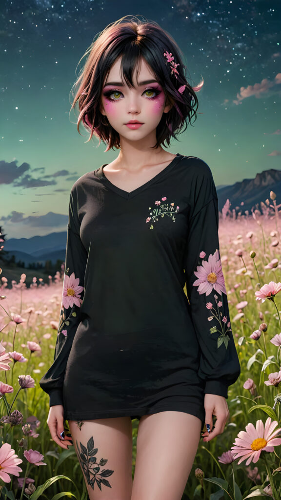 a (((young emo girl))), with long, flowing (((t-shirt))), standing in a (((field of flowers))), featuring a (((beautifully drawn face))) with (((pink makeup))), (((standing tall and emitting an ethereal glow))), capturing an air of mystery and splendor under the (((night sky))). Her figure is further accentuated by a (((deep v-neck))) that adds intricate details and a (((stand neck))), emphasizing her (((natural beauty))) in a (((green meadow))), 8K, Full HD, 3D, ultra detailed, majestic, epic, total quality