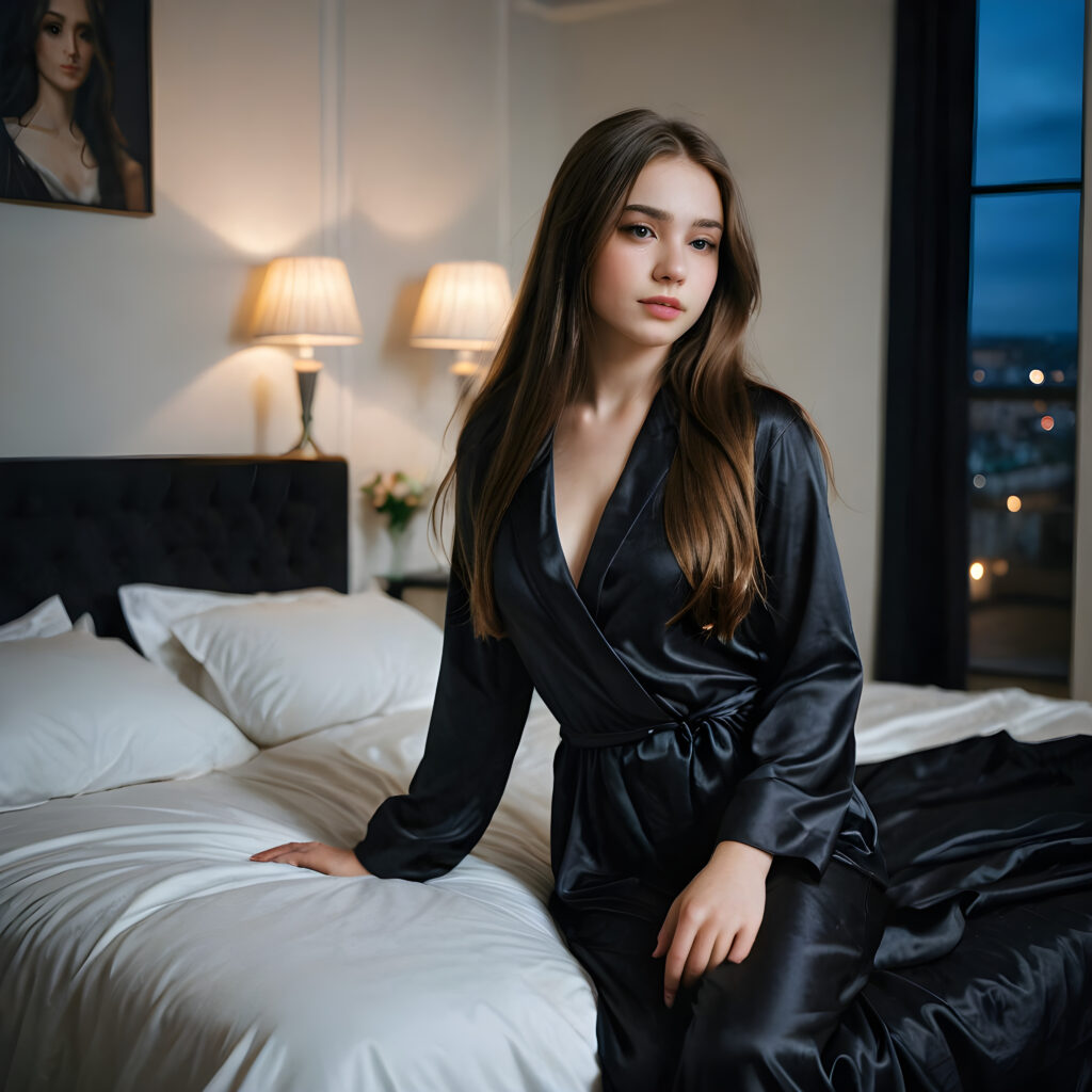 a young, pretty girl waits alone on an big bed in a luxurious apartment. Elegantly dressed in black thin night suit made of silk. She has long hair. A peaceful atmosphere. Light falls into the picture.