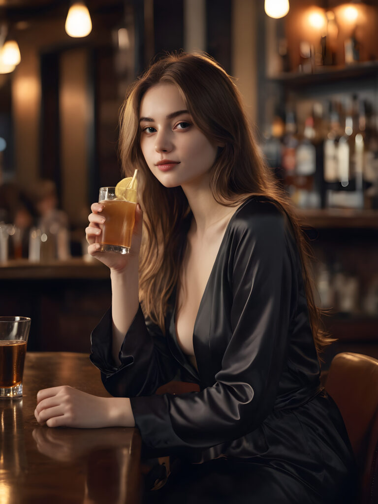 a young, pretty girl sits alone in a bar. Elegantly dressed in black thin night suit. She has a drink in front of her and looks seductive. She has long hair. A peaceful atmosphere. Light falls into the picture.