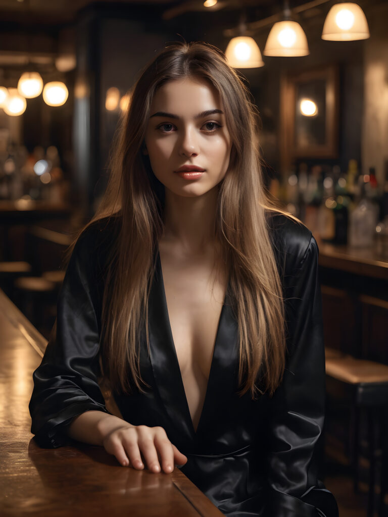 a young, pretty girl sits alone in a bar. Elegantly dressed in black thin night suit. She has a drink in front of her and looks seductive. She has long hair. A peaceful atmosphere. Light falls into the picture.