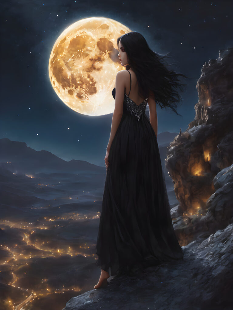 A (((young teen girl with long, flowing black hair))), dressed in a (((black dress with shimmering silver accents))), standing still as she takes in a (((night sky alive with twinkling stars))), her expression a mix of tranquility and introspection, as if lost in reverie, perched atop a (massive, jagged rock formation) under a (vast, glowing crescent moon).