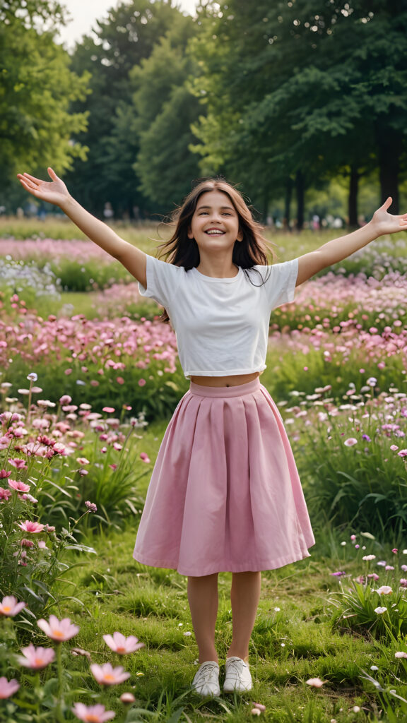 a young teen girl stands on the flower meadow in the park. Her arms are outstretched. She has dark hair and is smiling. She wears a round pink skirt.