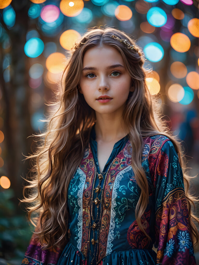 An ethereal (((young girl))), with flowing hair and facial features that convey a sense of otherworldliness, dressed in a ((fantastically detailed outfit)), surrounded by (mysterious patterns and colors) that give off an air of magic and wonder