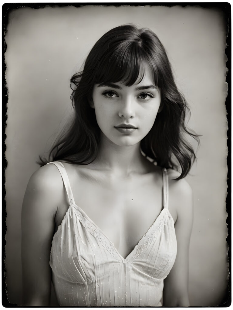 an exquisite (((vintage portrait))) ((black and white)) capturing the timeless essence of a youthful girl, with impeccable features and a flawless upper body, aged 21, elegantly posed before the viewer, her bangs cut in side view, with delicate water stains softly contrasting against the canvas