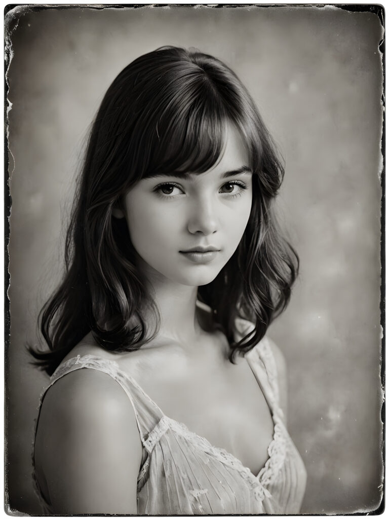 an exquisite (((vintage portrait))) ((black and white)) capturing the timeless essence of a youthful teen girl, with impeccable features and a flawless upper body, aged 16, elegantly posed before the viewer, her bangs cut in side view, framed by a (((gently weathered backdrop))), with delicate water stains softly contrasting against the canvas