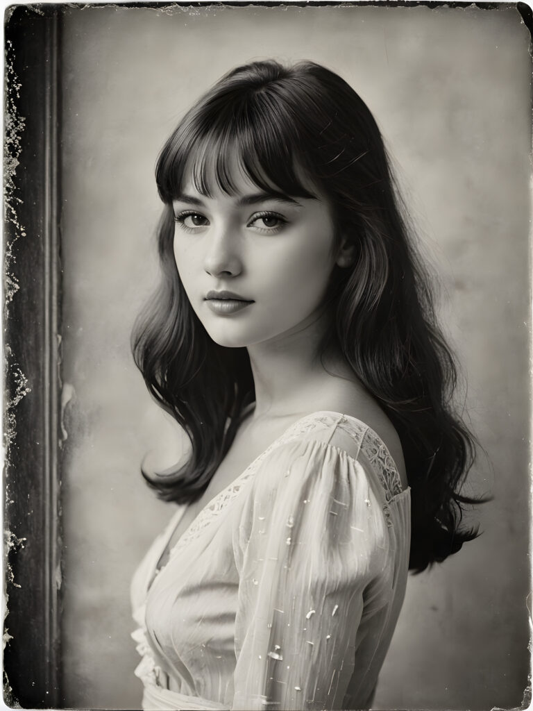 an exquisite (((vintage portrait))) ((black and white)) capturing the timeless essence of a youthful girl, with impeccable features and a flawless upper body, aged 21, elegantly posed before the viewer, her bangs cut in side view, with delicate water stains softly contrasting against the canvas