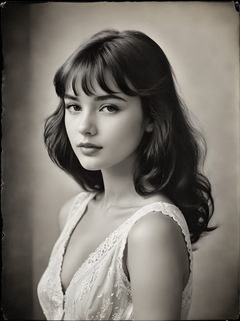 an exquisite (((vintage portrait))) ((black and white)) capturing the timeless essence of a youthful girl, with impeccable features and a flawless upper body, aged 21, elegantly posed before the viewer, her bangs cut in side view, with delicate water stains softly contrasting against the canvas