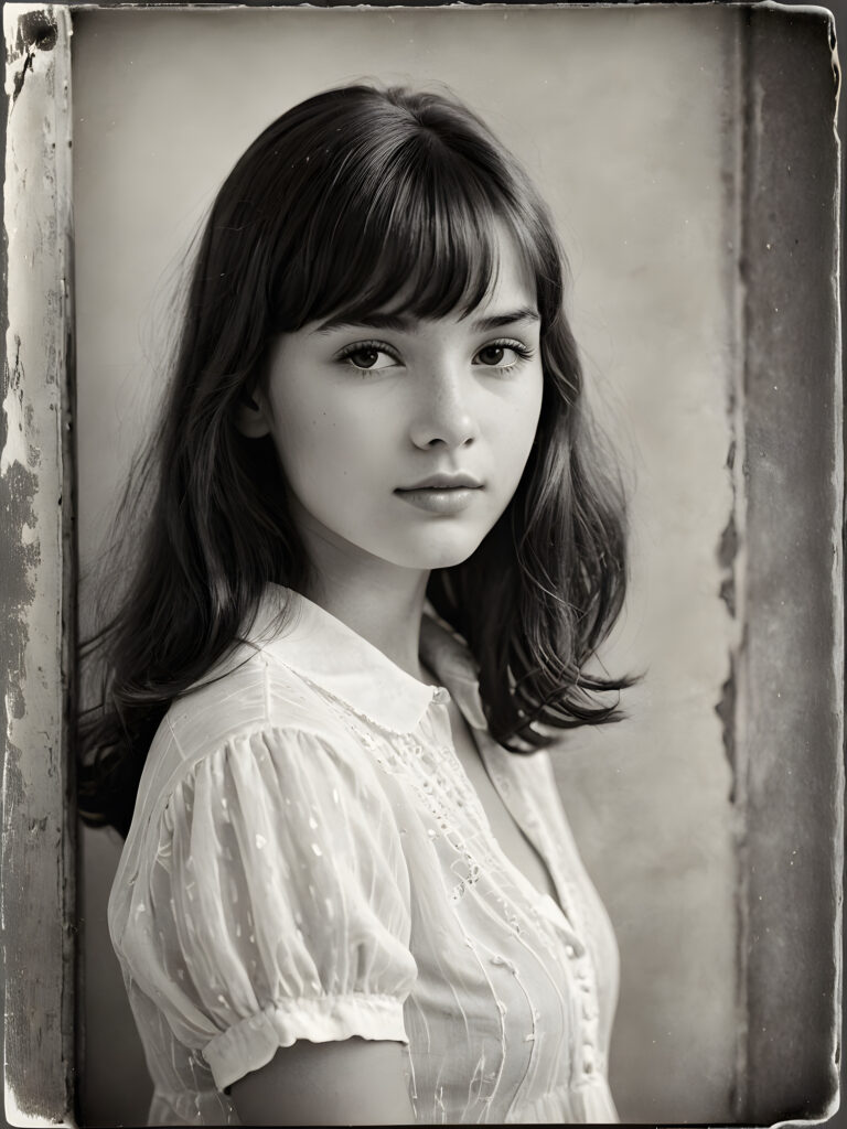 an exquisite (((vintage portrait))) ((black and white)) capturing the timeless essence of a youthful teen girl, with impeccable features and a flawless upper body, aged 16, elegantly posed before the viewer, her bangs cut in side view, framed by a (((gently weathered backdrop))), with delicate water stains softly contrasting against the canvas