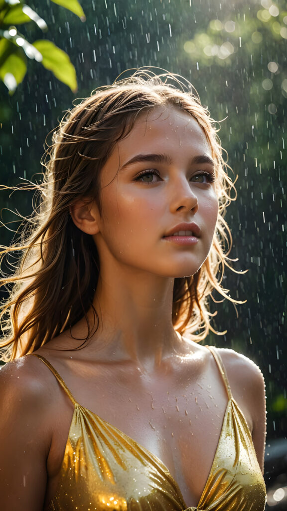 as the warm sun rays kissed the golden skin of the young cute girl, she knew that her beauty was about to be unleashed. The downpour of rain, like a waterfall, would soon make her the focus of everything around. As the thunderstorms raged overhead, the wind blew through her hair, and her eyes sparkled like lightning. The play of light and shadow, the beauty of the storm, and the magic of the moment combined to create a truly unforgettable experience