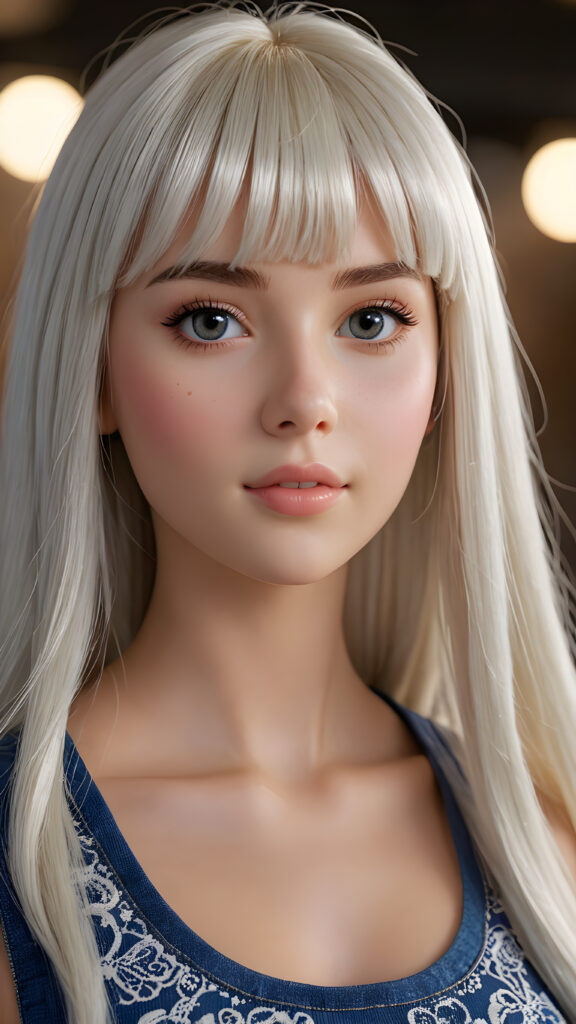 capture an (((ultra detailed, hyper realistic 4K dynamic photograph))), showcasing a (((teen doll girl))) with intricate, (((straight, platinum white bangs))), detailed eyes, and a joyful expression looking directly into the camera. Her hair flows softly around her face, framing a flawlessly curved silhouette, while (soft, warm) 4K cinematic lighting complements her vivid features. She wears a sleek, cropped top