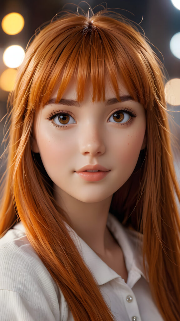 capture an (((ultra detailed, hyper realistic 4K dynamic photograph))), showcasing a (((very cute teen doll girl))) with intricate, (((straight, orange-hued bangs))), detailed eyes, and a joyful expression looking directly into the camera. Her hair flows softly around her face, framing a flawlessly curved silhouette, while (soft, warm) 8K cinematic lighting complements her vivid features. She wears a sleek, cropped top in a crisp, (side profile)