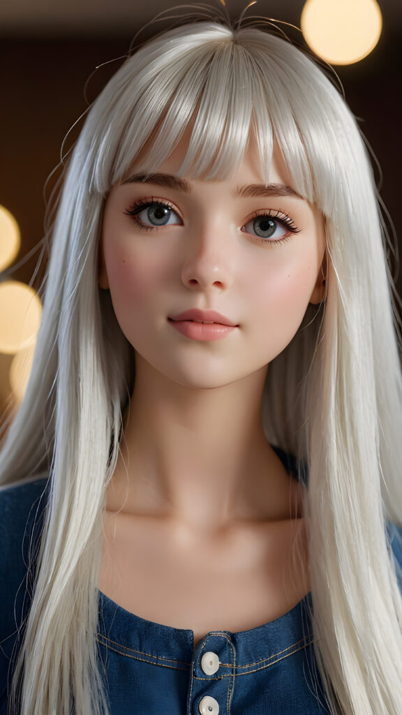 capture an (((ultra detailed, hyper realistic 4K dynamic photograph))), showcasing a (((teen doll girl))) with intricate, (((straight, platinum white bangs))), detailed eyes, and a joyful expression looking directly into the camera. Her hair flows softly around her face, framing a flawlessly curved silhouette, while (soft, warm) 4K cinematic lighting complements her vivid features. She wears a sleek, cropped top