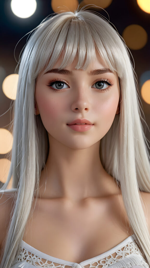 capture an (((ultra detailed, hyper realistic 4K dynamic photograph))), showcasing a (((teen doll girl))) with intricate, (((straight, platinum white bangs))), detailed eyes, and a joyful expression looking directly into the camera. Her hair flows softly around her face, framing a flawlessly curved silhouette, while (soft, warm) 4K cinematic lighting complements her vivid features. She wears a sleek, cropped top