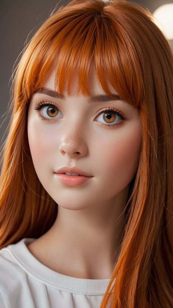 capture an (((ultra detailed, hyper realistic 4K dynamic photograph))), showcasing a (((very cute teen doll girl))) with intricate, (((straight, orange-hued bangs))), detailed eyes, and a joyful expression looking directly into the camera. Her hair flows softly around her face, framing a flawlessly curved silhouette, while (soft, warm) 8K cinematic lighting complements her vivid features. She wears a sleek, cropped top in a crisp, (side profile)