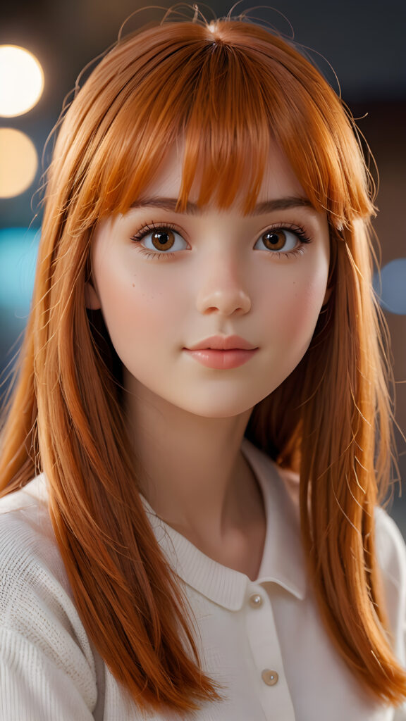 capture an (((ultra detailed, hyper realistic 4K dynamic photograph))), showcasing a (((very cute teen doll girl))) with intricate, (((straight, orange-hued bangs))), detailed eyes, and a joyful expression looking directly into the camera. Her hair flows softly around her face, framing a flawlessly curved silhouette, while (soft, warm) 8K cinematic lighting complements her vivid features. She wears a sleek, cropped top in a crisp, (side profile)