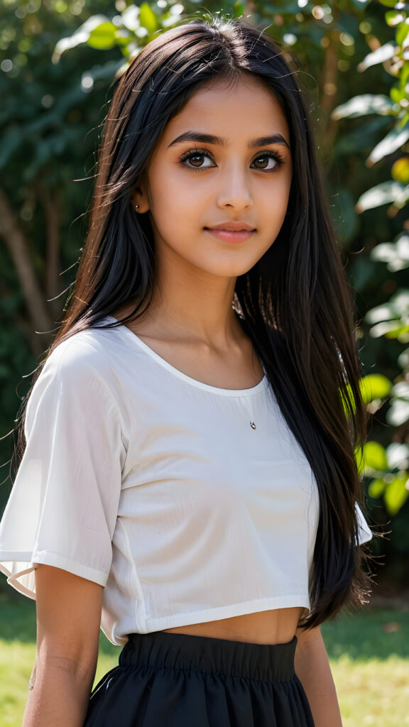 a young beautiful cute Pakistani teen girl, 15 years old, warm smile, dimmed light falls on her, she has long (((black straight hair))) (her hair falls on her shoulders), and dark realistic eyes, ((angelic round face)), grey background, perfect shadows, she wears (a ((white short and tight crop top))), perfect curved fit body, she looks seductively at the viewer and smiles slightly, upper body, flawless skin, ((side profile)) ((ultra realistic photo)) ((stunning)) ((gorgeous)) ((4k))