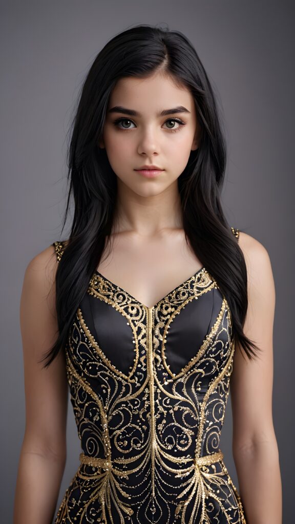 illustrate (((a teen girl))), a style combining semi-realism and fantasy, with luxurious, jet-black hair and a sleek, muscular figure dressed in a form-fitting, gold-embellished dress that reflects the intricate patterns of her hypnotic eyes ((grey empty background))