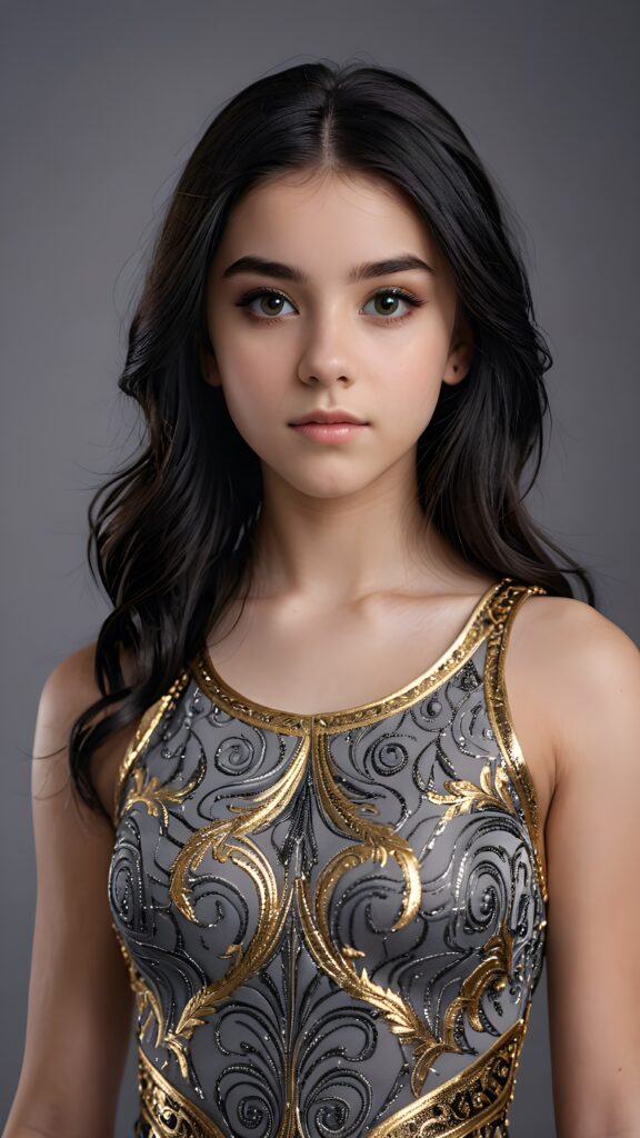 illustrate (((a teen girl))), a style combining semi-realism and fantasy, with luxurious, jet-black hair and a sleek, muscular figure dressed in a form-fitting, gold-embellished dress that reflects the intricate patterns of her hypnotic eyes ((grey empty background))