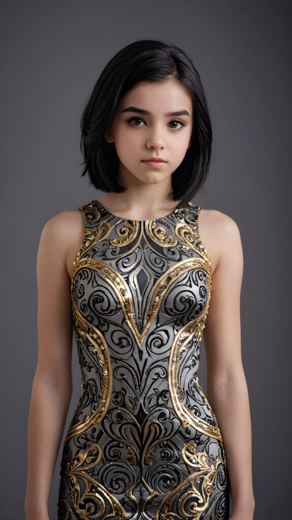 illustrate (((a teen girl))), a style combining semi-realism and fantasy, with luxurious, jet-black hair and a sleek, muscular figure dressed in a form-fitting, gold-embellished dress that reflects the intricate patterns of her hypnotic eyes ((grey empty background))