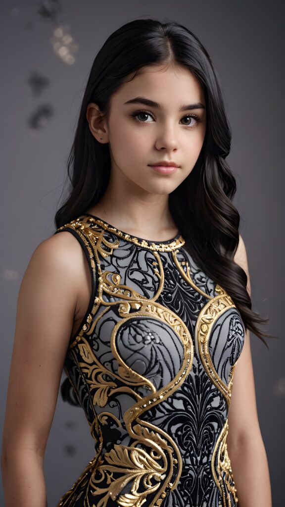 illustrate (((a teen girl))), a style combining semi-realism and fantasy, with luxurious, jet-black hair and a sleek, muscular figure dressed in a form-fitting, gold-embellished dress that reflects the intricate patterns of her hypnotic eyes ((grey empty background))