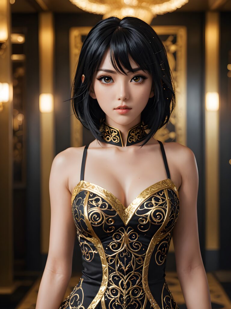 Illustrate the (((anime-inspired Most Beautiful Woman on Earth))), a style combining semi-realism and fantasy, with luxurious, jet-black hair and a sleek, muscular figure dressed in a form-fitting, gold-embellished dress that reflects the intricate patterns of her hypnotic eyes