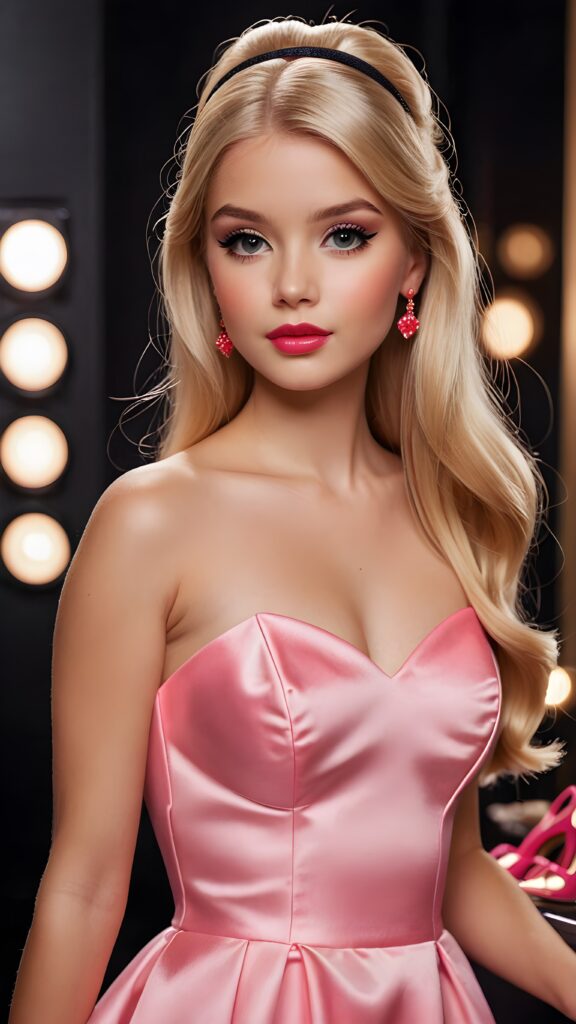 Imagine a beautiful realistic 14 year old girl, ((((straight blond hair elegantly styled in a half-up, half-down look))) with bangs cut and (((looks like barbie))) standing confidently at a height of 5’7, dressed in a (((pink thin tight dress))), her lips painted in a (((bright red hue))), and (((elegant black heels))). Her beauty is further accentuated by (((black eyeliner))) and (((black eyeshadow))), creating a sophisticated, yet playful look that exudes confidence and attracts attention in a (realistic, elaborate, full-body shot), her eyes are brown