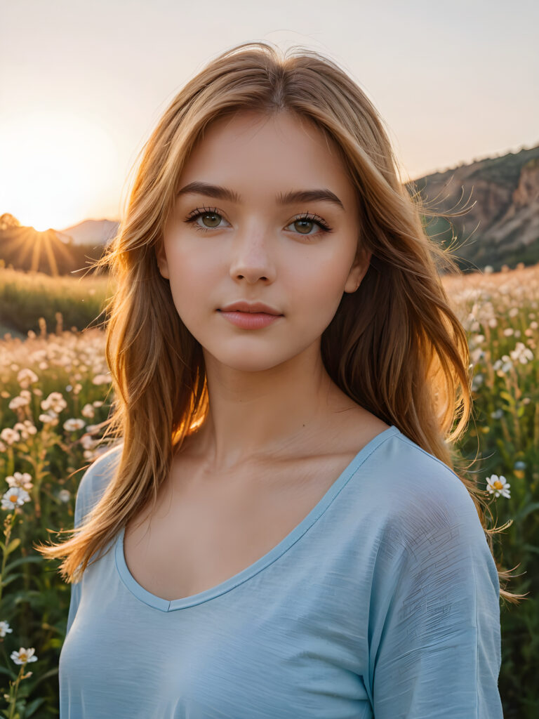 Imagine a breathtaking scene set during the golden hour, where the warm glow of the setting sun kisses the landscape. In the midst of this serene setting stands a stunning copper-blonde young teenage girl, her long soft straight hair with bangs shimmering like spun gold under the soft, amber light. She is dressed in a short cropped light blue thin t-shirt, with a perfect curved body. Her eyes, a captivating shade of blue, reflect the sky's own hues, radiating kindness and depth. Around her, the natural beauty of a blooming meadow complements her presence, with wildflowers adding splashes of color to the scene. She exudes an aura of elegance and tranquility, perfectly in harmony with the enchanting surroundings. This image captures the essence of timeless beauty, blending the allure of a breathtaking girl with the natural splendor of the golden hour