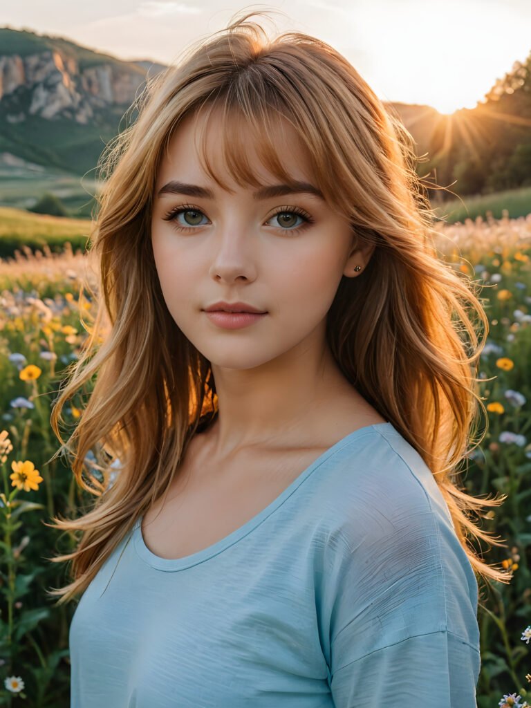 Imagine a breathtaking scene set during the golden hour, where the warm glow of the setting sun kisses the landscape. In the midst of this serene setting stands a stunning copper-blonde young teenage girl, her long soft straight hair with bangs shimmering like spun gold under the soft, amber light. She is dressed in a short cropped light blue thin t-shirt, with a perfect curved body. Her eyes, a captivating shade of blue, reflect the sky's own hues, radiating kindness and depth. Around her, the natural beauty of a blooming meadow complements her presence, with wildflowers adding splashes of color to the scene. She exudes an aura of elegance and tranquility, perfectly in harmony with the enchanting surroundings. This image captures the essence of timeless beauty, blending the allure of a breathtaking girl with the natural splendor of the golden hour