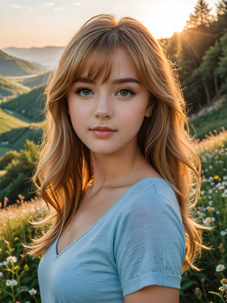 Imagine a breathtaking scene set during the golden hour, where the warm glow of the setting sun kisses the landscape. In the midst of this serene setting stands a stunning copper-blonde young teenage girl, her long soft straight hair with bangs shimmering like spun gold under the soft, amber light. She is dressed in a short cropped light blue thin t-shirt, with a perfect curved body. Her eyes, a captivating shade of blue, reflect the sky's own hues, radiating kindness and depth. Around her, the natural beauty of a blooming meadow complements her presence, with wildflowers adding splashes of color to the scene. She exudes an aura of elegance and tranquility, perfectly in harmony with the enchanting surroundings. This image captures the essence of timeless beauty, blending the allure of a breathtaking girl with the natural splendor of the golden hour