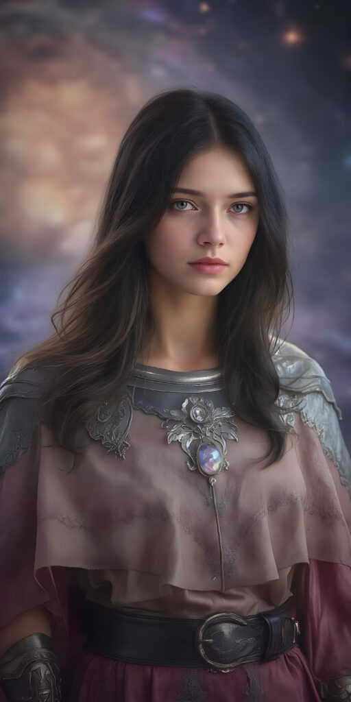 In a fantastical realm, a (((fantasy girl with an unmistakable face—her features delicate yet alluring))) stands clad in armor that blends light and fantasy. Crafted from intricate thin silver and gold threads, the armor shines with a soft, iridescent glow. A flowing cloak, woven from shimmering silk and velvet, drapes over her shoulders and billows softly in the breeze. Adorned with embroidered stars and constellations, the cloak is adorned with delicate lace details and velvet pockets that sparkle like diamonds in the moonlight. A leather belt sits comfortably on her waist, adorned with polished leather details that match the armor's sleek contours. A pair of polished silver gloves adds to the elegance of her ensemble, accentuating the delicate threads of her cloak and highlighting the alluring nature of her attire. Her hair, a cascade of midnight black and indigo, wears a small moonstone pendant that dangles softly off her neck until the next night.